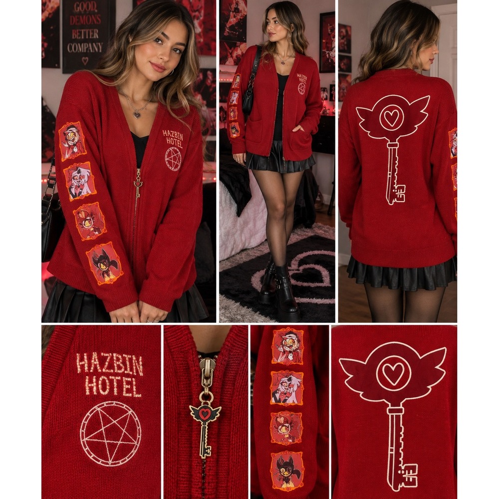 Hazbin Hotel Red Zip Up Cardigan Sweater Character Sleeve Key Back Graphic MD